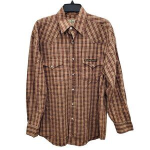 Jesse James Work Wear West Coast Choppers Orange Plaid Pearl Snap Button Shirt M